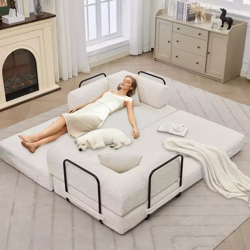 78.7 Szara sofa rozkładana 4 w 1 z tkaniny sztruksowej, składana dwuosobowa sofa podłogowa futon z poduszkami (bez montażu)