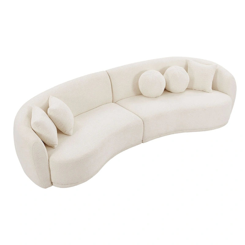 Głęboka, zakrzywiona sofa narożna, tkanina bouclé, 5 poduszek dekoracyjnych