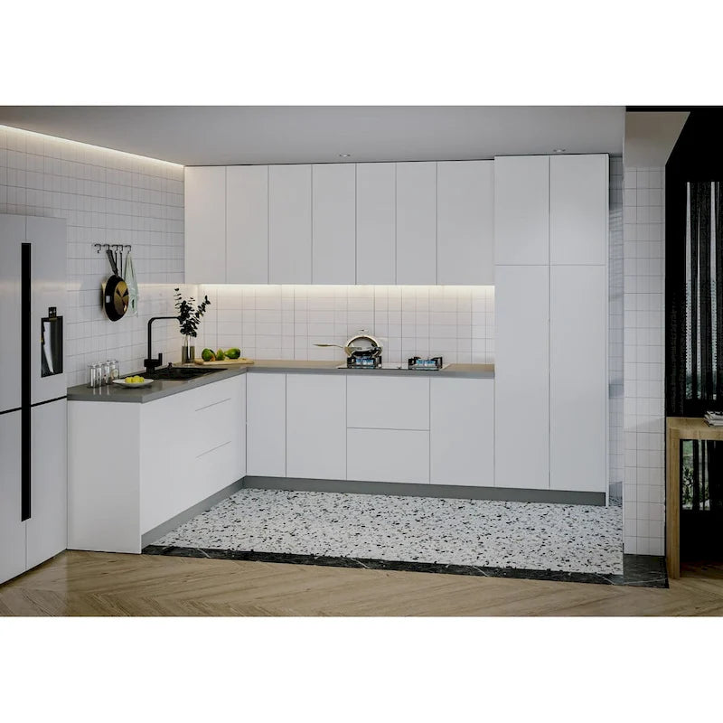Kolekcja Kitchen Harmony, biański połysk i szara baza, rozmiar 8 × 10 stóp na szerokość – 126 × 96