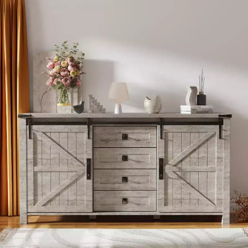 Toaletka SinCiDo Farmhouse 60 z przesuwnymi drzwiami typu barn door i 4 szufladami, szafka z szufladami do salonu, sypialni, kącika kawowego