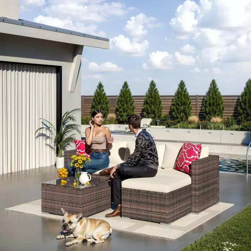 5-częściowy zestaw mebli ogrodowych, modułowa sofa z technorattanu odporna na warunki atmosferyczne z poduszkami antypoślizgowymi, rattanowy zestaw mebli ogrodowych z sofą i otomantą