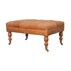 Rzemieślnicza otomana Artisan Furniture ze skóry buffalo w kolorze tan, z litego drewna, na nóżkach z kółkami