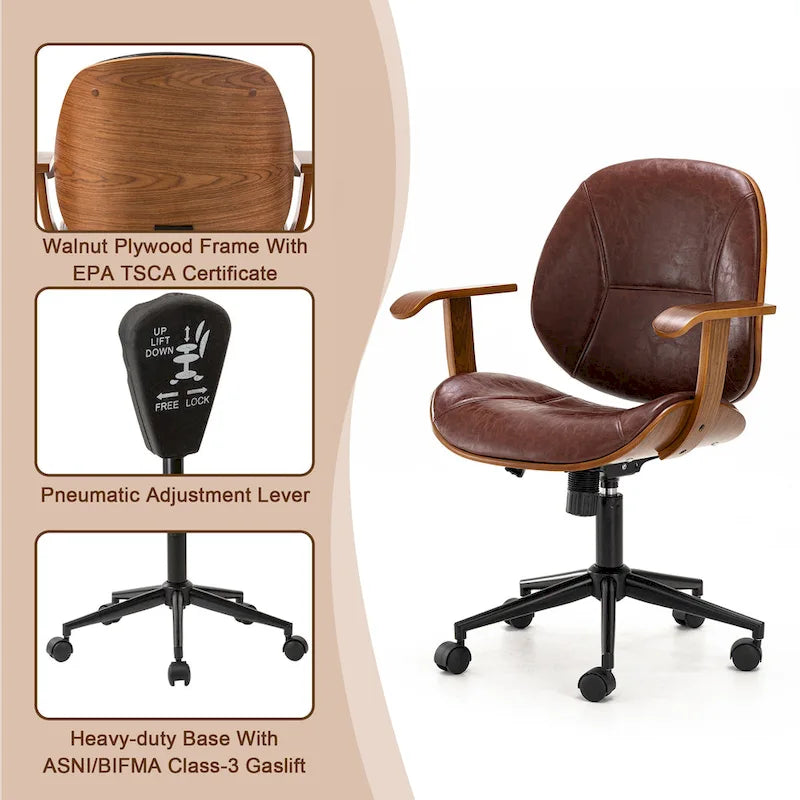 Glitzhome Skórzane Krzesło Biurowe Regulowane Obrotowe z Podłokietnikami Ergonomiczny Design