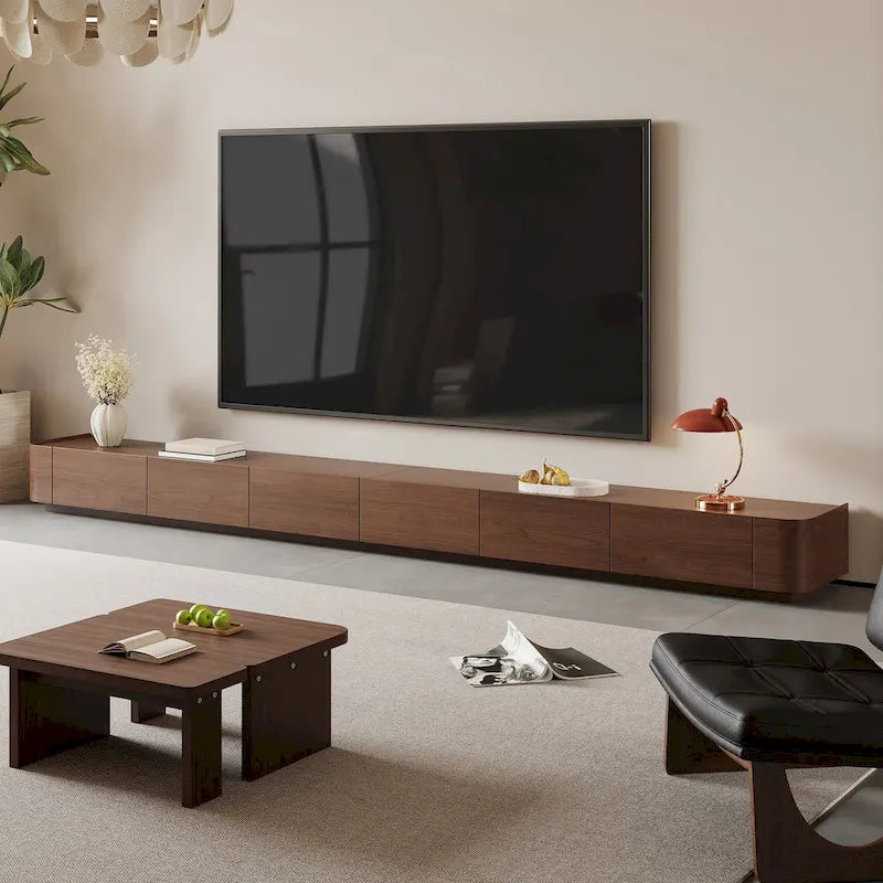 Nowoczesna szafka RTV w stylu mid-century, 4–6 szuflad, brązowa konsola multimedialna z litego drewna