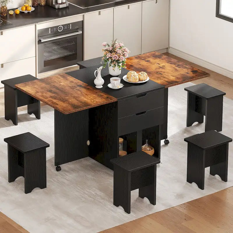 Moasis 5-częściowy/7-częściowy składany zestaw jadalny ze stołem z klapami i taboretami ze schowkiem dla maksymalnie 6 osób