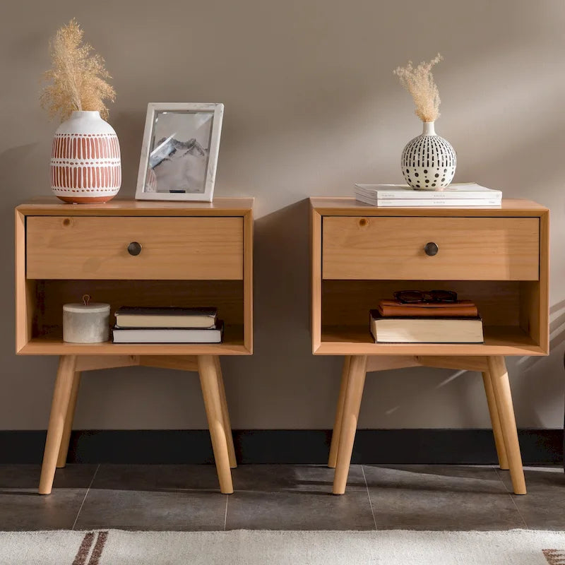 Zestaw 2 stolików nocnych z litego drewna w stylu mid-century, z 1 szufladą, sypialniane stoliki boczne