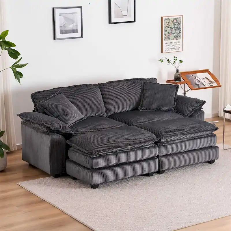 Nowoczesna 2-osobowa sofa sztruksowa z 4 poduszkami i 2 pufami