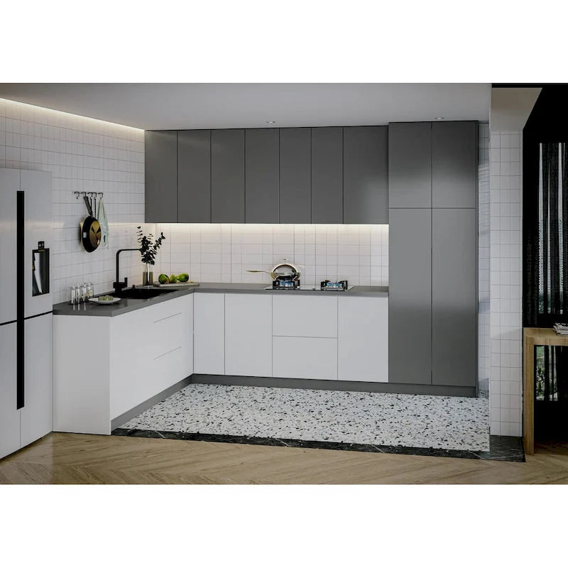 Kolekcja Kitchen Harmony, biański połysk i szara baza, rozmiar 8 × 10 stóp na szerokość – 126 × 96