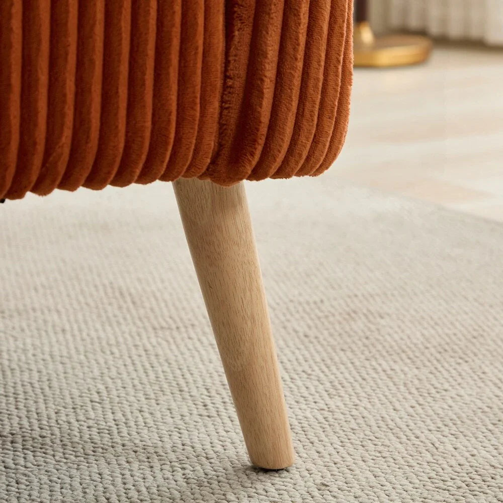 Dwuosobowa sofa tapicerowana sztruksem na drewnianych nogach w kolorze orzecha