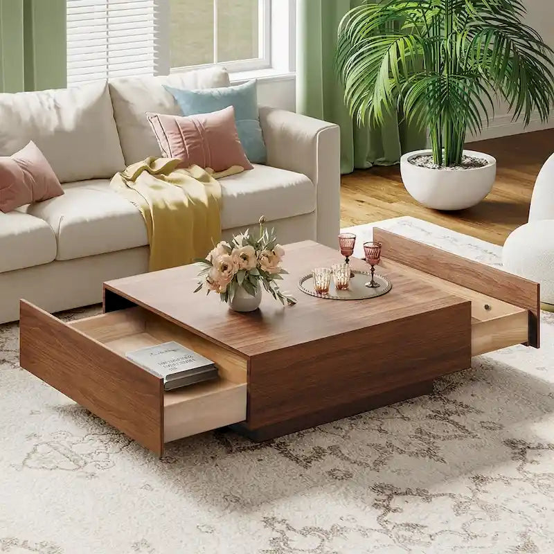 Stolik kawowy w stylu Mid-Century ModernMinimalistyczny stolik kawowy z forniru z miejscem do przechowywania do salonu, w pełni zmontowany