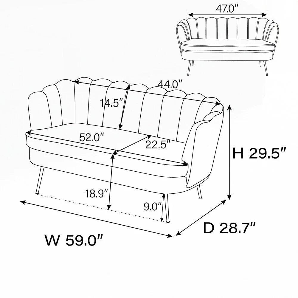 Mała dwuosobowa sofa do pokoju ze złotymi metalowymi nogami - 2 miejsca