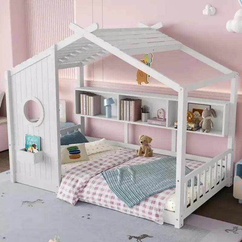 Łóżko dziecięce typu domek w rozmiarze Twin/Full, podłogowe łóżko Montessori z półką na przechowywanie - ModernLuxe