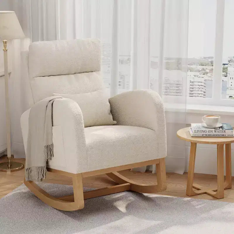 Nowoczesny miękki fotel bujany z poduszką i kieszeniami bocznymi, do salonu, sypialni
