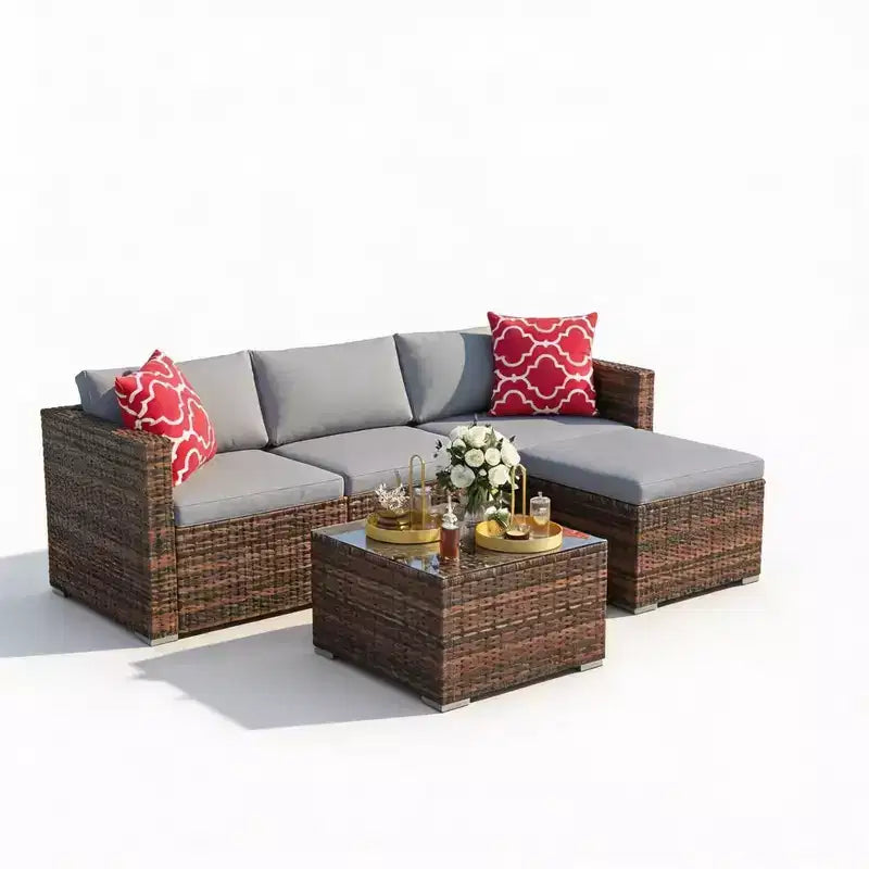 5-częściowy zestaw mebli ogrodowych, modułowa sofa z technorattanu odporna na warunki atmosferyczne z poduszkami antypoślizgowymi, rattanowy zestaw mebli ogrodowych z sofą i otomantą