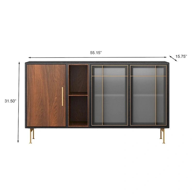 55.12 Komoda bufetowa w stylu Mid-Century Modern, szafka 3-drzwiowa, wielowarstwowa rama z litego drewna, fornir orzechowy, w pełni zmontowana - 55.12
