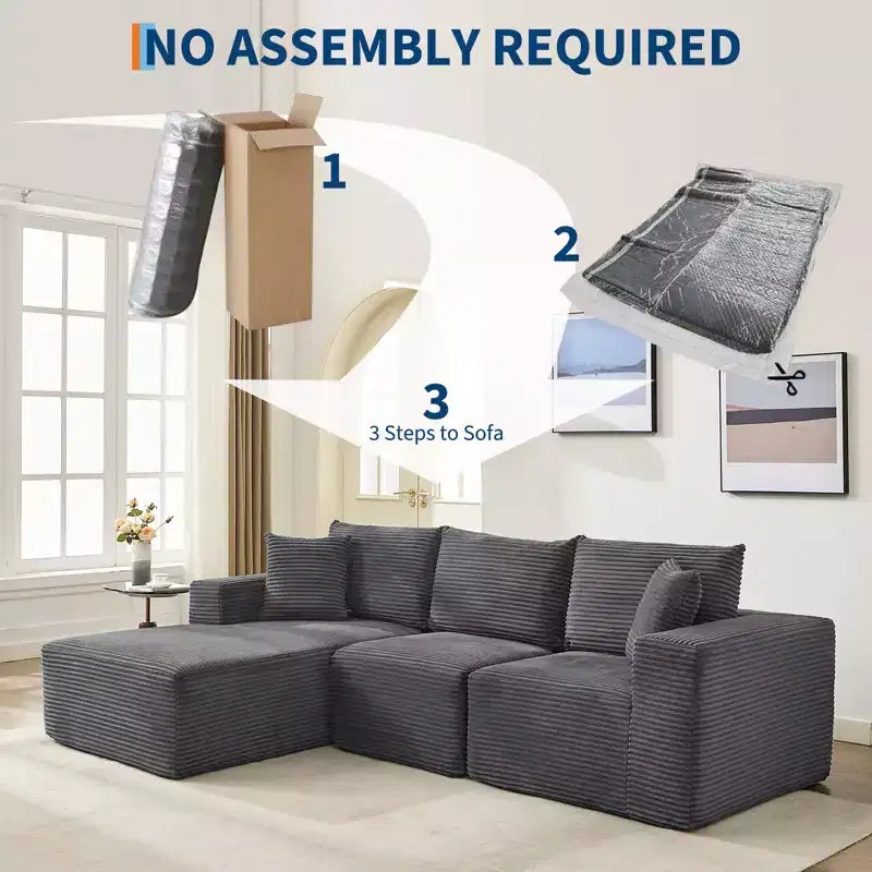 108 Nowoczesna sofa, 3-osobowa sofa tapicerowana w kształcie litery L z poduszkami, sofa z głębokim siedziskiem, bez konieczności montażu
