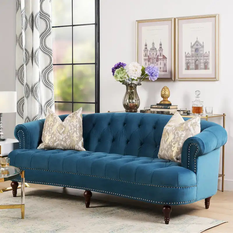 Sofa Chesterfield La Rosa 84 w stylu Mid-Century Modern, tapicerowana aksamitem i przeszywana głęboko