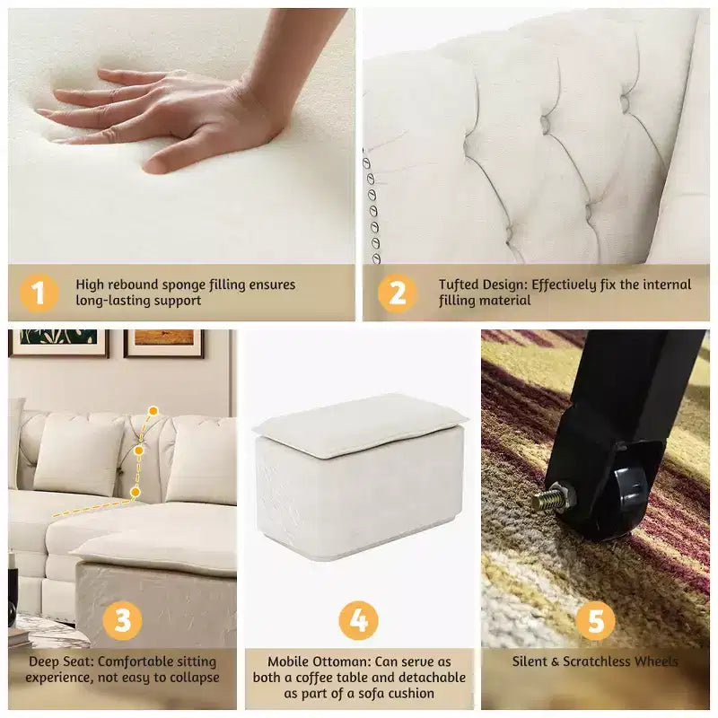 Rozkładana sofa 3 w 1 Whisen Velvet typu king-size z ruchomym podnóżkiem i pikowanym wzorem