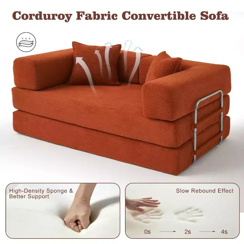 Dyonery 65-calowa rozkładana podłogowa sofa 5 w 1, rozkładana do podwójnego łóżka, ze stałym metalowym stelażem, sztruksowa