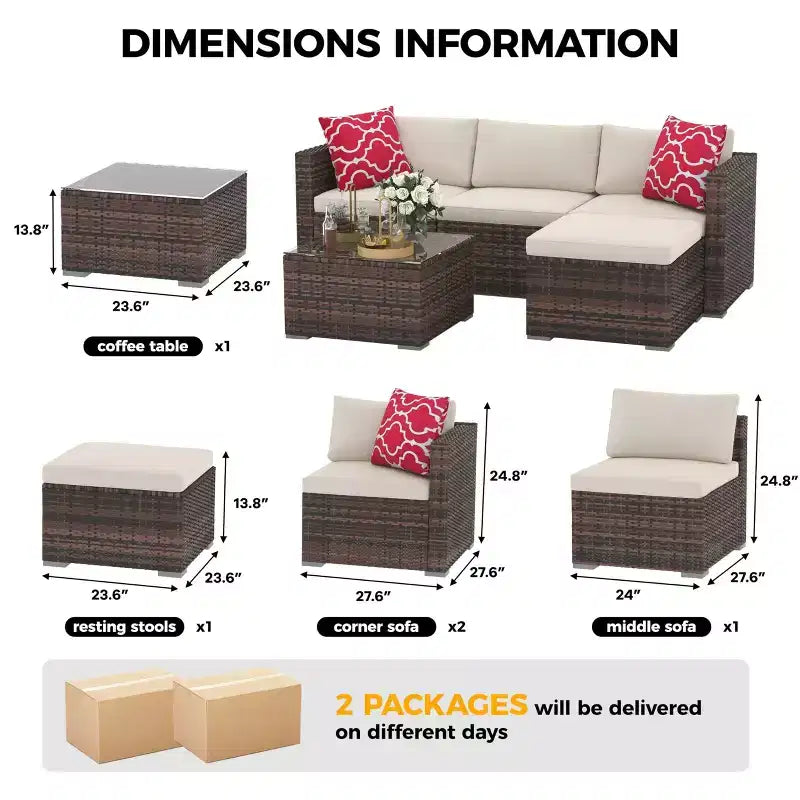 5-częściowy zestaw mebli ogrodowych, modułowa sofa z technorattanu odporna na warunki atmosferyczne z poduszkami antypoślizgowymi, rattanowy zestaw mebli ogrodowych z sofą i otomantą