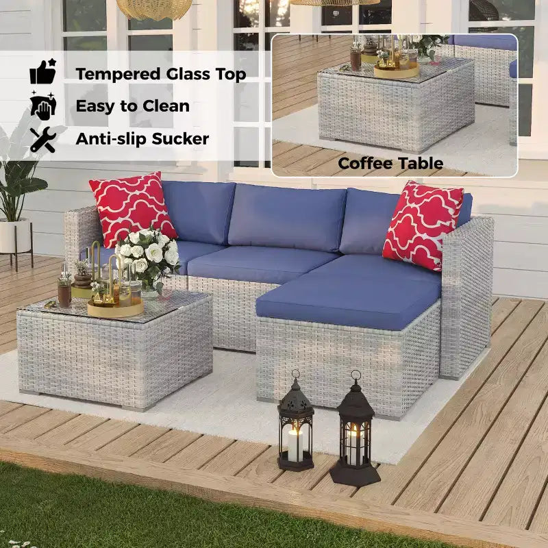 5-częściowy zestaw mebli ogrodowych, modułowa sofa z technorattanu odporna na warunki atmosferyczne z poduszkami antypoślizgowymi, rattanowy zestaw mebli ogrodowych z sofą i otomantą