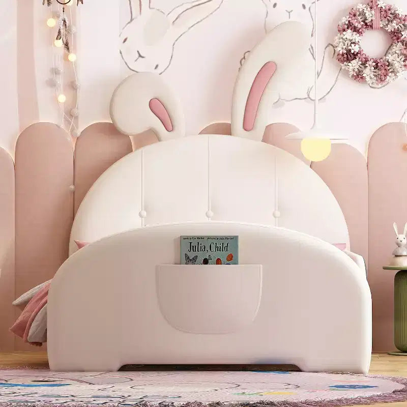 Tapicerowane łóżko jednoosobowe Princess Rabbit, łóżko platformowe z zagłówkiem i stelażem u podnóża, białe
