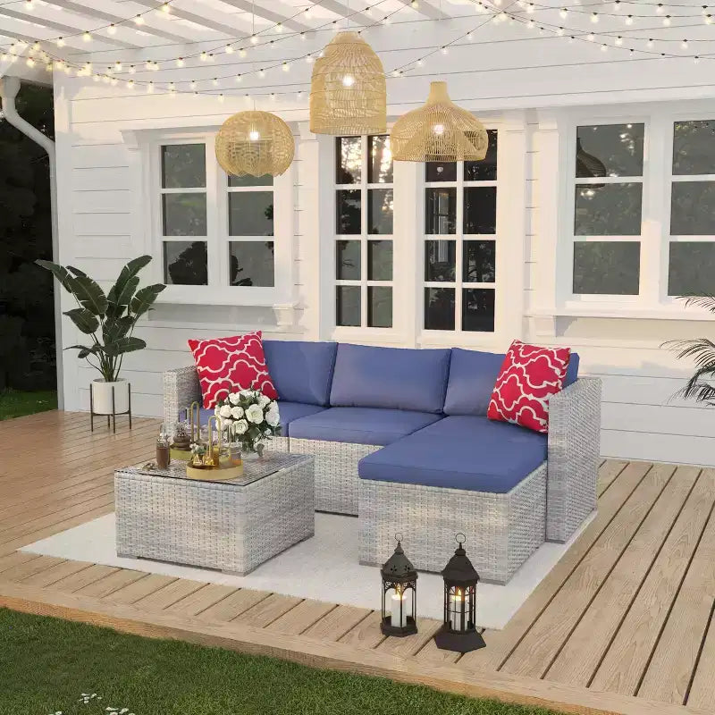 5-częściowy zestaw mebli ogrodowych, modułowa sofa z technorattanu odporna na warunki atmosferyczne z poduszkami antypoślizgowymi, rattanowy zestaw mebli ogrodowych z sofą i otomantą