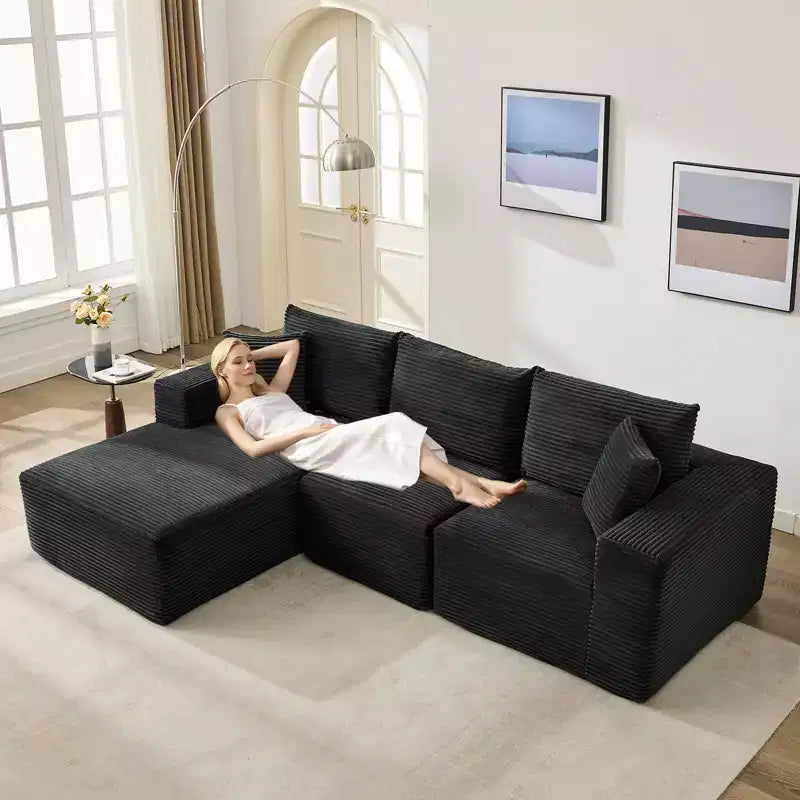 108 Nowoczesna sofa, 3-osobowa sofa tapicerowana w kształcie litery L z poduszkami, sofa z głębokim siedziskiem, bez konieczności montażu