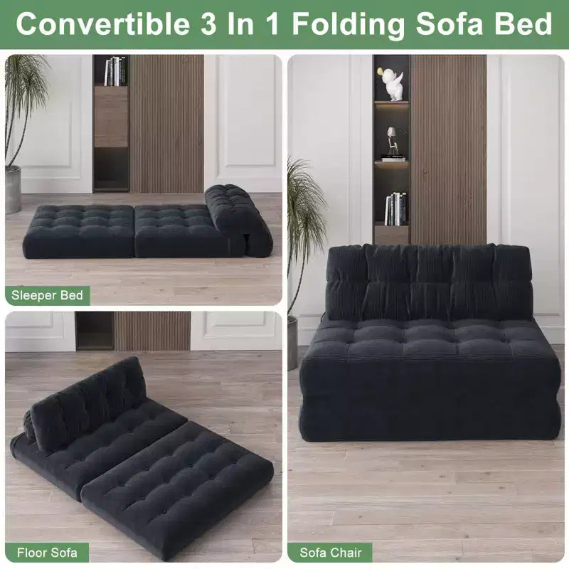 Rozkładana sofa futon z miękkiego sztruksu, składane łóżko podłogowe z poduszką i oparciem