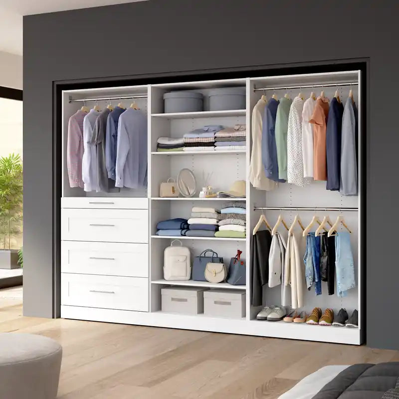 107 Modułowy system garderoby z drążkami, półkami i szufladami w stylu Shaker