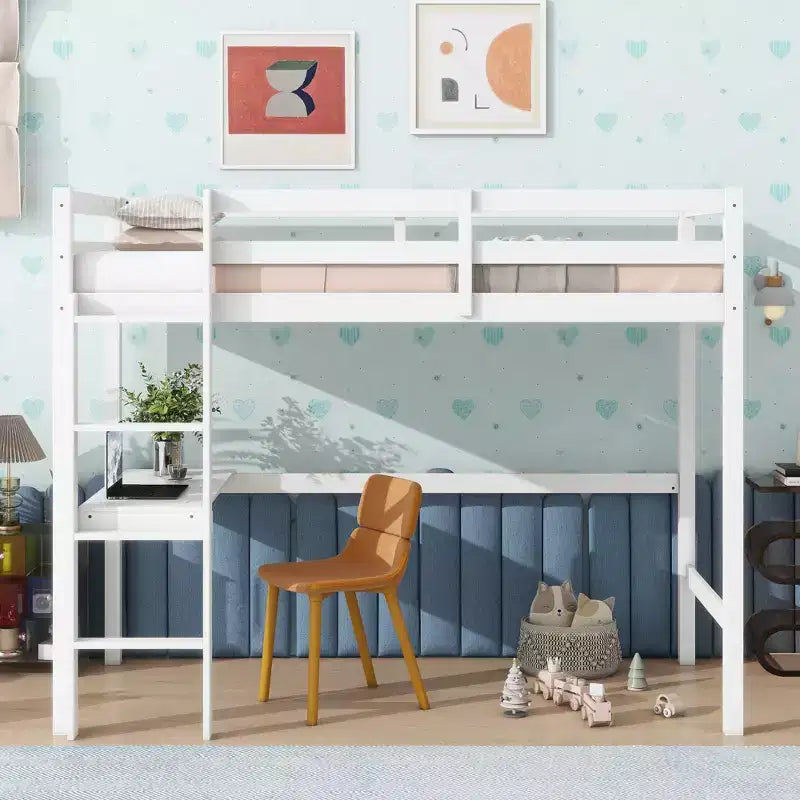 Łóżko na antresoli Okak Minimalism z drabinką, pojedyncze łóżko na antresoli z drewna kauczukowego z barierką ochronną i wbudowanym biurkiem, ramy łóżek dla dzieci i młodzieży