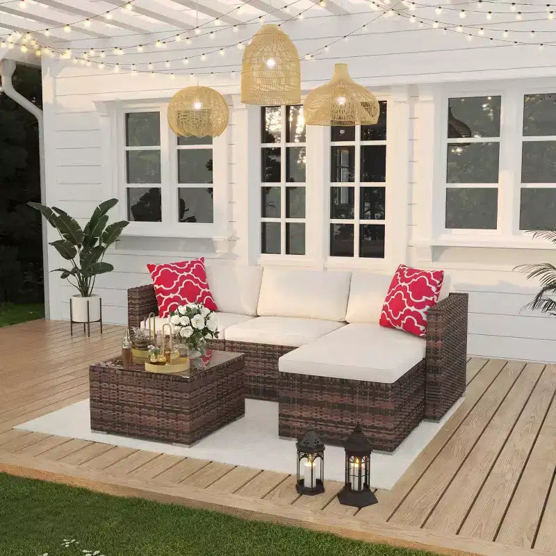 5-częściowy zestaw mebli ogrodowych, modułowa sofa z technorattanu odporna na warunki atmosferyczne z poduszkami antypoślizgowymi, rattanowy zestaw mebli ogrodowych z sofą i otomantą