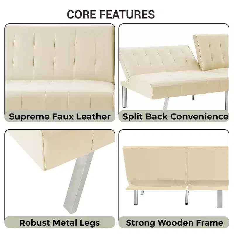 Tapicerowana sofa futon z rozkładanym oparciem, rozkładana sofa z chromowanymi nogami