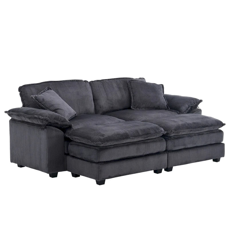 Nowoczesna 2-osobowa sofa sztruksowa z 4 poduszkami i 2 pufami