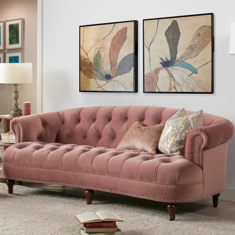 Sofa Chesterfield La Rosa 84 w stylu Mid-Century Modern, tapicerowana aksamitem i przeszywana głęboko