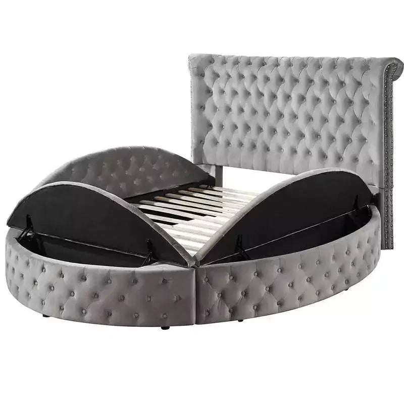Łóżko dwuosobowe 109 Gaiva z szarego aksamitu - Acme Furniture: Elegancki wzór z ozdobnymi ćwiekami i przeszyciami, rama z kompozytu drewnianego
