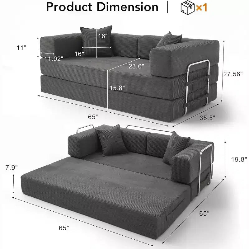 Dyonery 65-calowa rozkładana podłogowa sofa 5 w 1, rozkładana do podwójnego łóżka, ze stałym metalowym stelażem, sztruksowa
