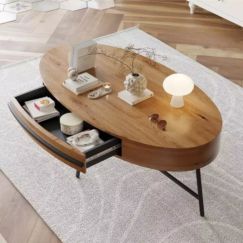 Owalny stolik kawowy z szufladą w stylu mid-century modern, drewniany stolik kawowy 47,2 z miejscem do przechowywania i metalowymi nogami w kształcie litery X, zaokrąglony design