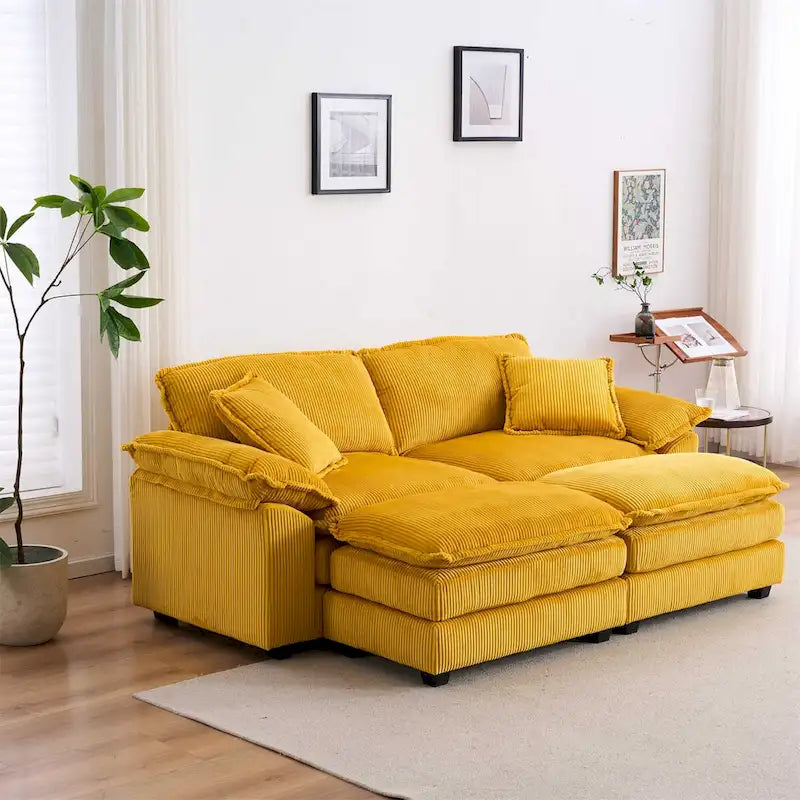 Nowoczesna 2-osobowa sofa sztruksowa z 4 poduszkami i 2 pufami