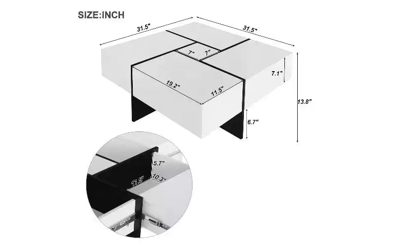 Rozkładany stolik kawowy z blatem typu puzzle i 4 ukrytymi schowkami