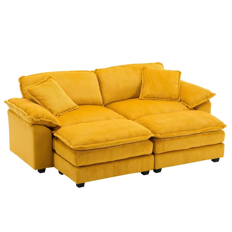 Nowoczesna 2-osobowa sofa sztruksowa z 4 poduszkami i 2 pufami
