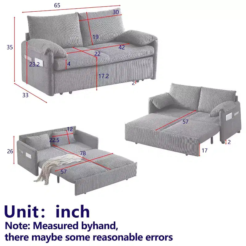64,5-calowa rozkładana sofa 3 w 1 z sztruksu z funkcją spania