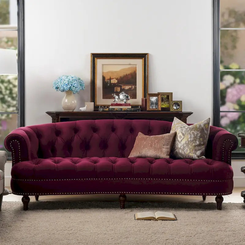 Sofa Chesterfield La Rosa 84 w stylu Mid-Century Modern, tapicerowana aksamitem i przeszywana głęboko