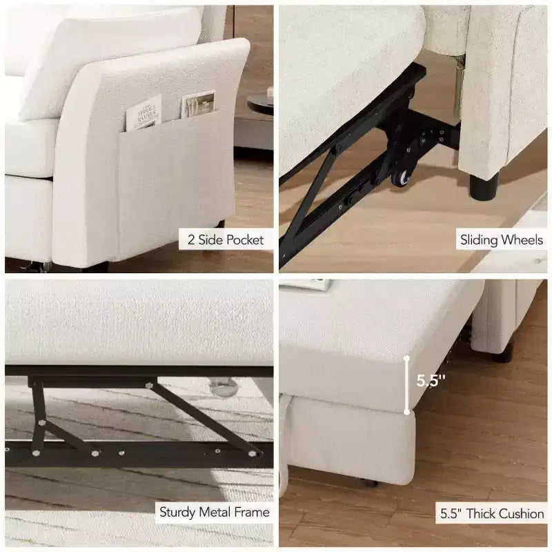 Dyonery 51 – rozkładana sofa 3 w 1, dwuosobowa sofa rozkładana z wysuwanym łóżkiem, regulowanym oparciem, lniana sofa