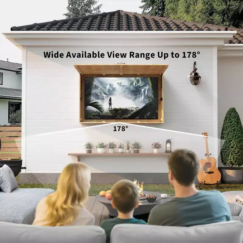Obudowa zewnętrzna na telewizor 55 cali, Wodoodporny pokrowiec na telewizor z litego drewna z uchwytem regulowanym 4D i składanym drzwiczkami (Pasuje do telewizorów 44-55 cali)