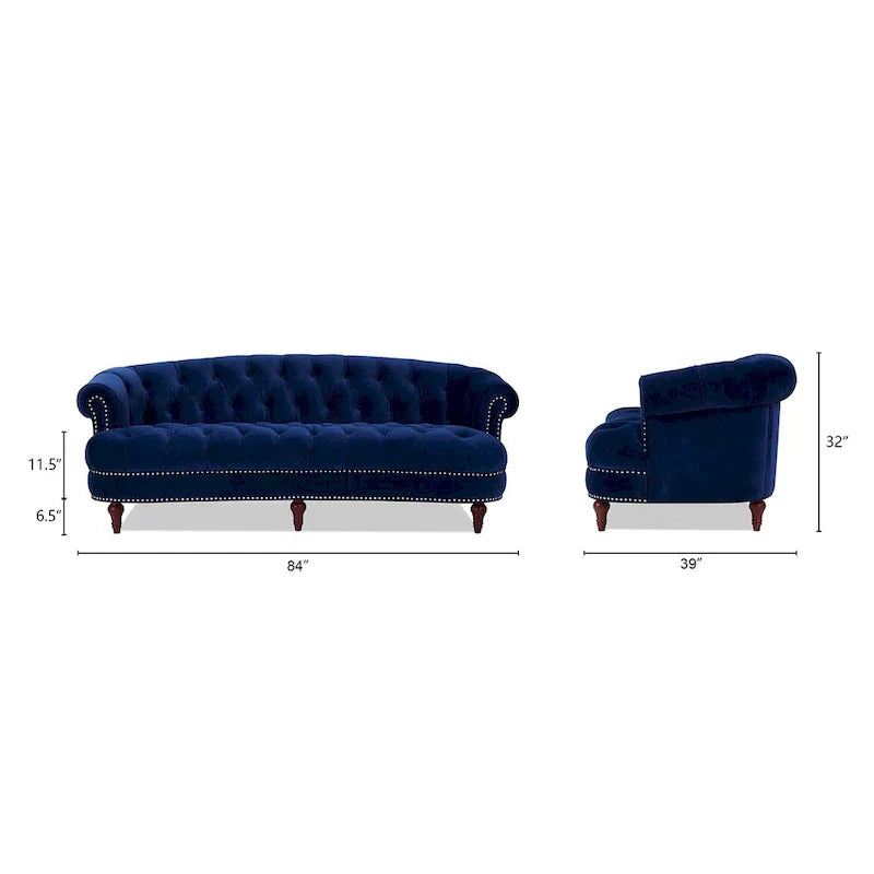 Sofa Chesterfield La Rosa 84 w stylu Mid-Century Modern, tapicerowana aksamitem i przeszywana głęboko