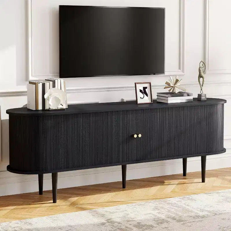 Szafka RTV AMERLIFE 70" z nogami z litego drewna, konsola pod telewizor w stylu mid-century modern z przesuwnymi drzwiami typu żaluzjowego