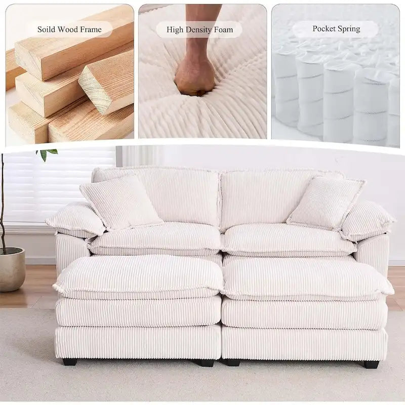 Nowoczesna 2-osobowa sofa sztruksowa z 4 poduszkami i 2 pufami