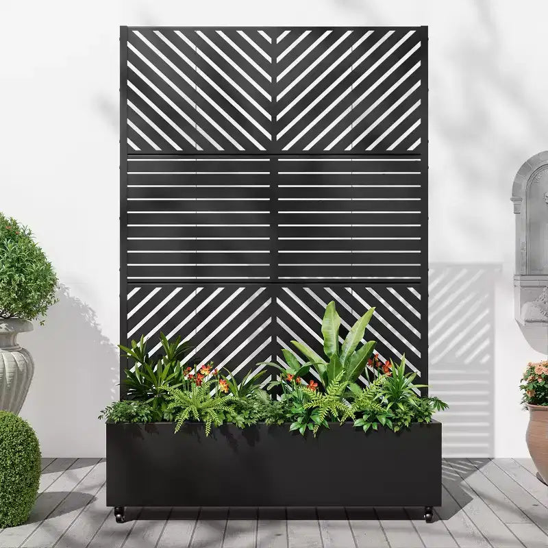 MAYEERTY Donica z kratką żelazna czarna z równoległymi liniami 01 żaluzjowa klasyczna styl łączony 183x119x41cm zestaw 3-częściowy