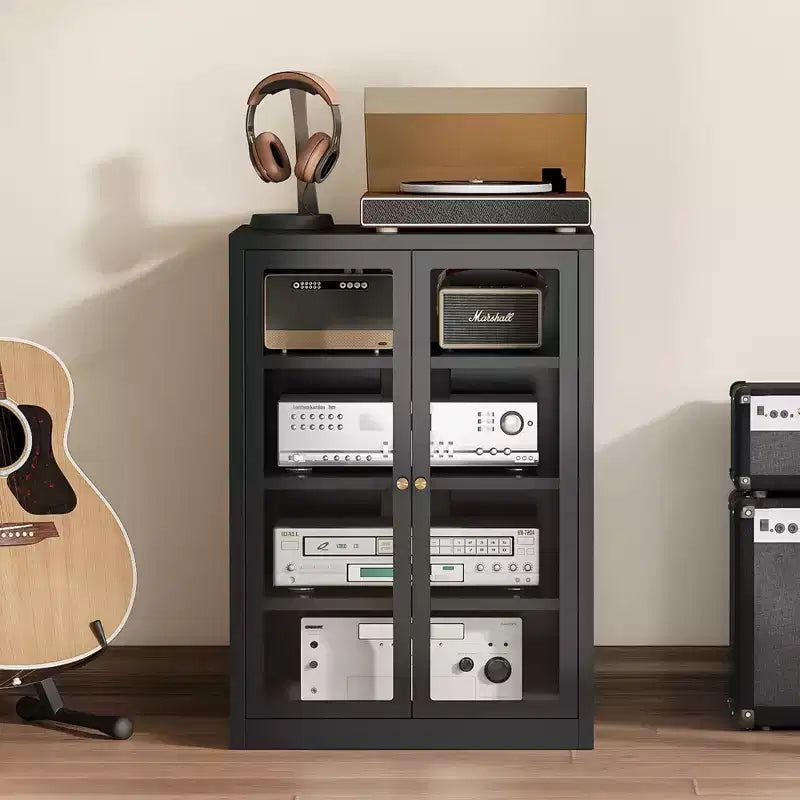 Szafka metalowa na sprzęt RTV Bekrvio, 4-poziomowa szafka stereo ze szklanymi drzwiami i regulowanymi półkami, regał audio AV z systemem zarządzania kablami